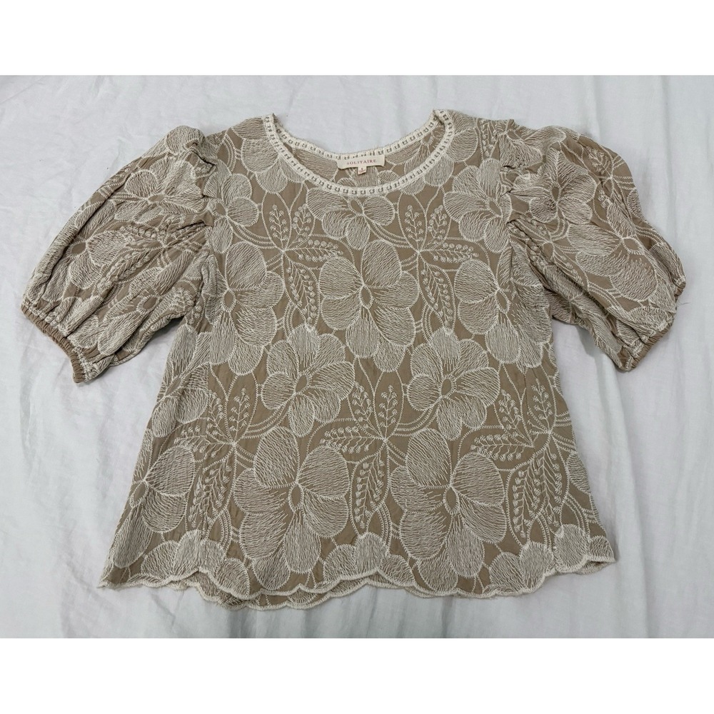 Solitaire Embroidered Floral Puff Sleeve Top Beige S Boho Romantic Cottagecore